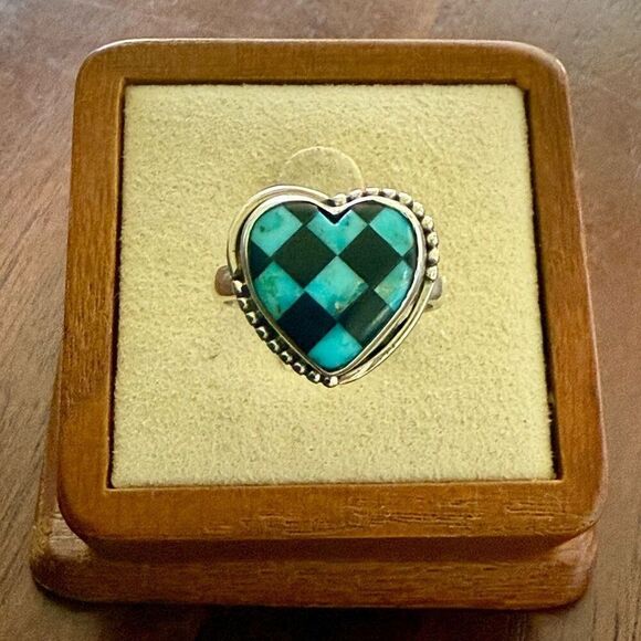 Southwest Kingman Turquoise And Onyx Heart Checker Board Sterling Silver Ring